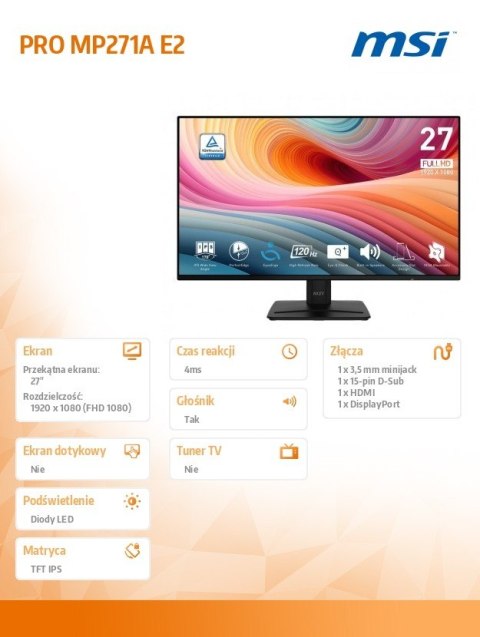 Monitor MSI PRO MP271A E2 27 FHD LED 120Hz czarny biznesowy