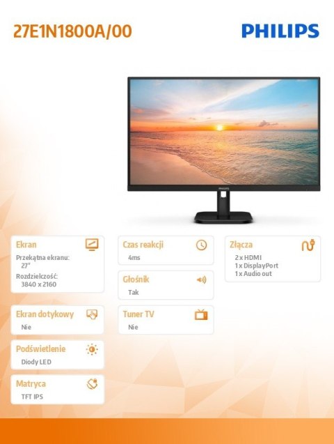 Monitor Philips 27E1N1800A 27 cali 4K IPS HDMIx2 z głośnikami