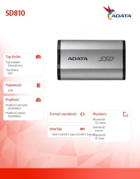 Dysk SSD Adata SD810 4TB zewnętrzny USB 3.2C 20Gb/s srebrny