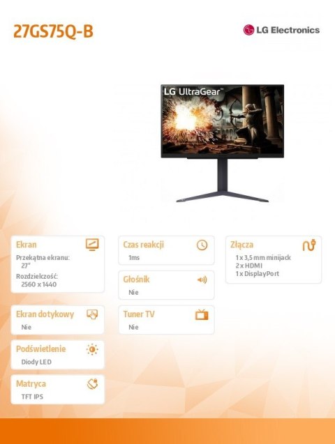Monitor LG 27GS75Q-B 27 cali QHD 200Hz 1ms gamingowy IPS z Pivot