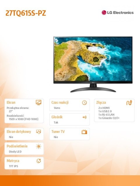 Monitor LG Electronics 27TQ615S-PZ 27 cali FHD IPS LED z tunerem TV