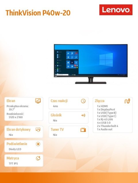 Monitor Lenovo ThinkVision P40w-20 39.7 Ultra-Wide Curved LED 5120x2160