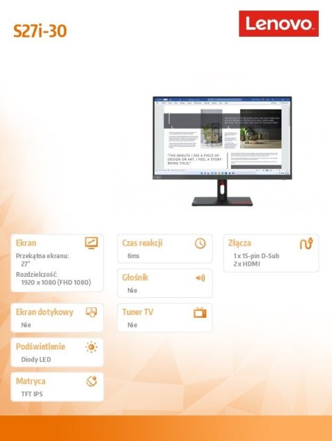 Monitor Lenovo ThinkVision S27i-30 27 cali FHD matowy 100 Hz