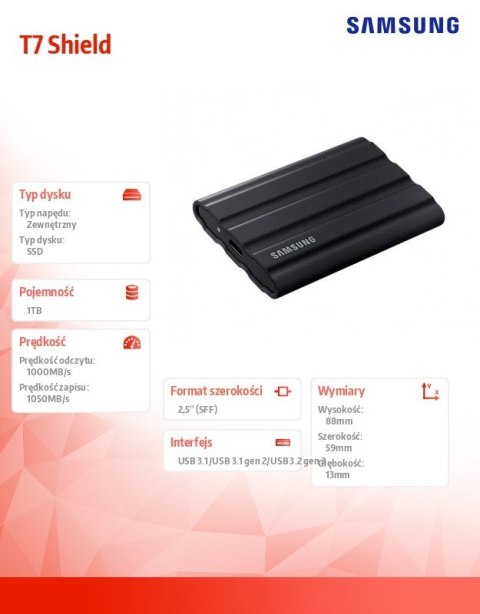 Dysk SSD Samsung T7 Shield 1TB USB 3.2 czarny szybki odporny