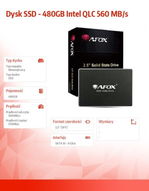 Dysk SSD AFOX 480GB QLC 560MB/s SATA III wewnętrzny 2,5'' szybki
