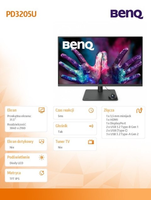 Monitor BenQ PD3205U 32 cale 4K LED IPS czarny z HDR