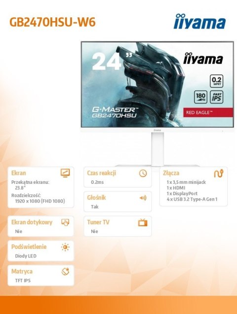 Monitor IIYAMA G-MASTER GB2470HSU-W6 24 FHD 180Hz 0.2ms IPS z głośnikami