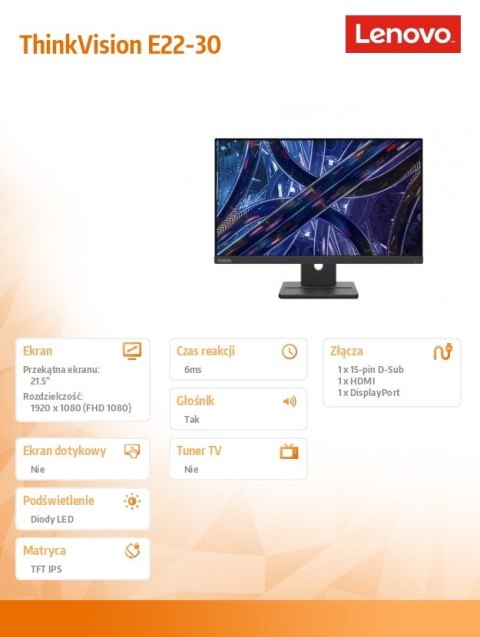 Monitor Lenovo ThinkVision E22-30 21.5 FHD IPS niebieskie światło
