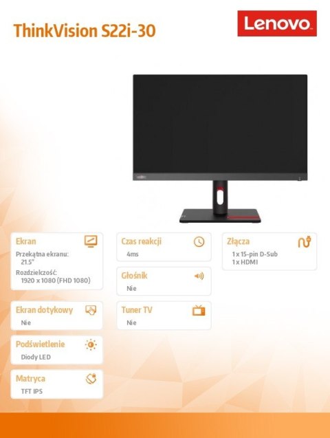 Monitor Lenovo ThinkVision S22i-30 21.5 FHD IPS matowy