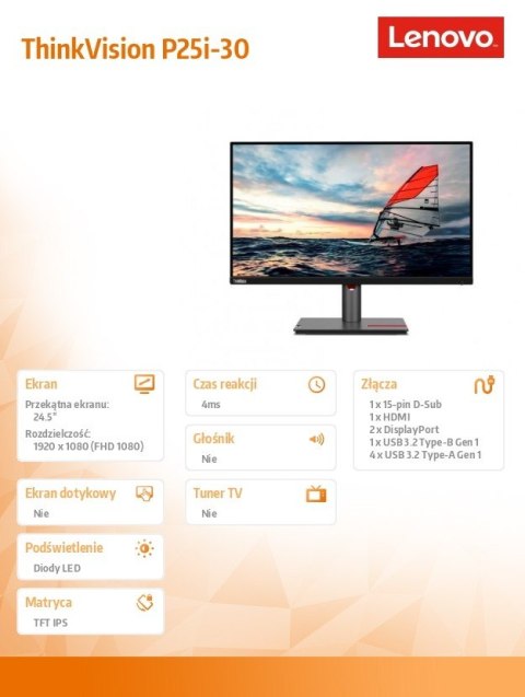 Monitor Lenovo ThinkVision P25i-30 24.5 FHD matowy IPS profesjonalny