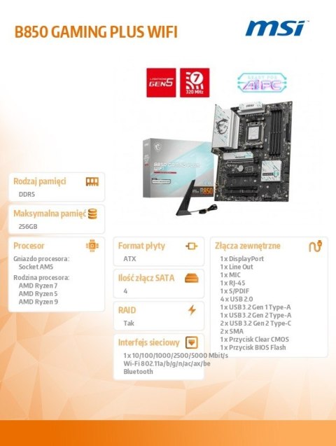 Płyta główna MSI B850 GAMING PLUS WIFI ATX z Wi-Fi 7 DDR5 8200 MHz