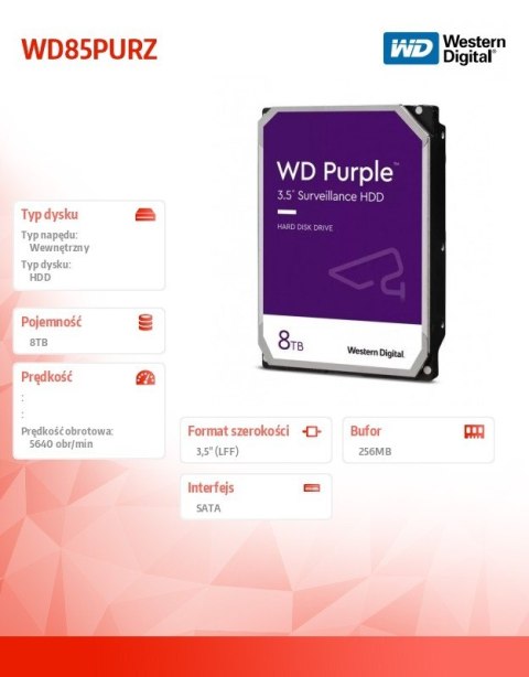 Dysk twardy Western Digital Purple 8TB 3,5 cala do systemów monitoringu