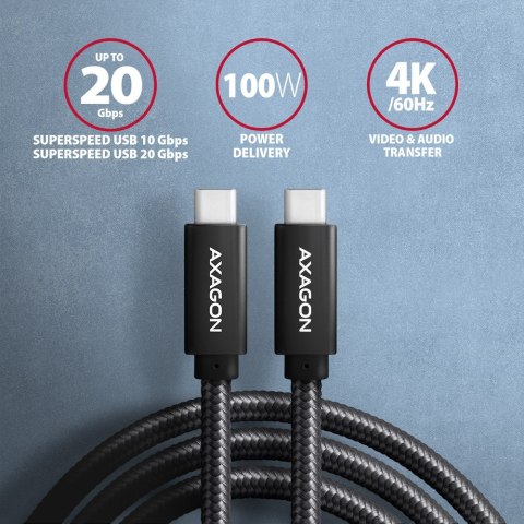 Kabel AXAGON BUCM32-CM05AB USB-C 3.2 Gen 2 0.5m PD 100W 4K czarny