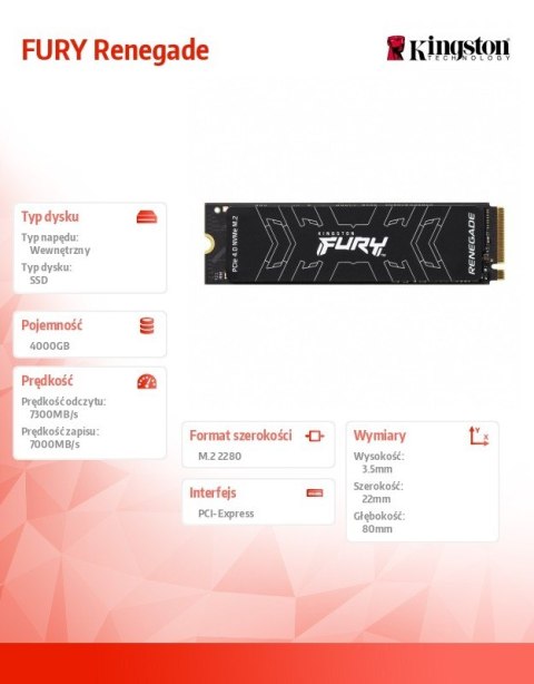 Dysk SSD Kingston FURY Renegade 4000G PCIe 4.0 NVMe M.2 wydajny
