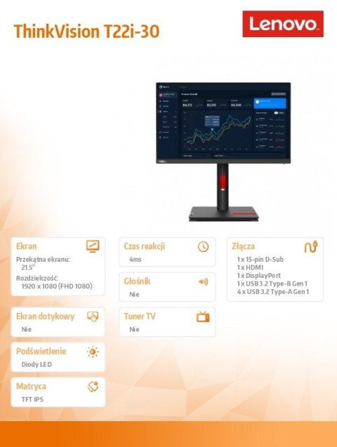 Monitor Lenovo ThinkVision T22i-30 21.5 FHD matowy IPS z regulacją