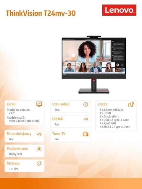 Monitor Lenovo ThinkVision T24mv-30 23.8 FHD matowy z USB-C