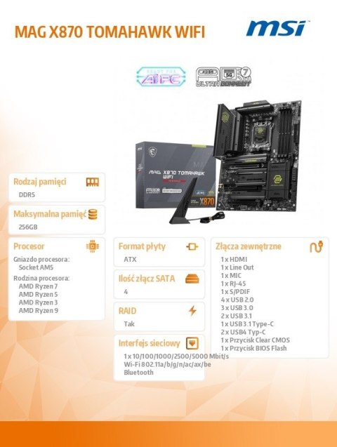 Płyta główna MSI MAG X870 TOMAHAWK WIFI AM5 DDR5 ATX gamingowa