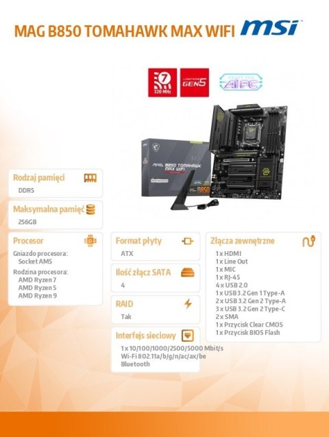 Płyta główna MSI MAG B850 TOMAHAWK MAX WIFI AM5 DDR5 ATX wydajna dla graczy