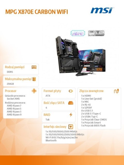 MSI MPG X870E CARBON WIFI ATX płyta główna do procesorów AMD DDR5
