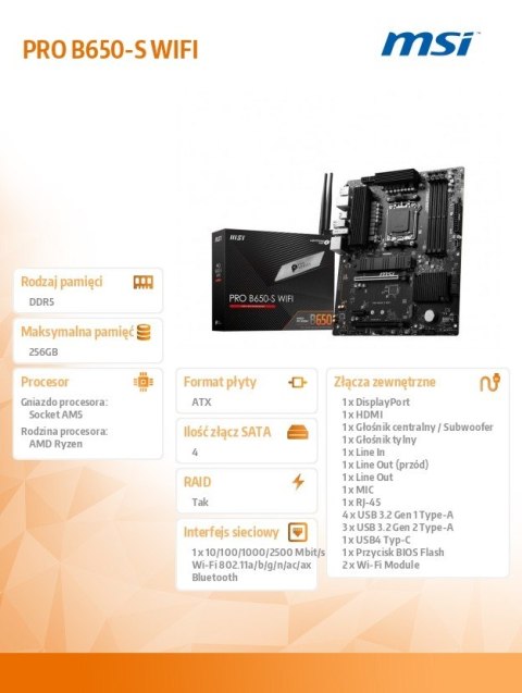 Płyta główna MSI PRO B650-S WIFI AM5 4DDR5 HDMI DP ATX zaawansowana