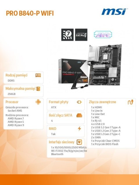Płyta główna MSI PRO B840-P WIFI AM5 ATX z Wi-Fi 7 i DDR5