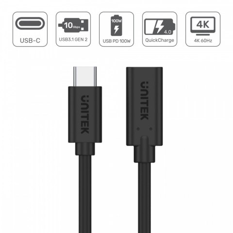 Przedłużacz USB-C Unitek 3.1 10Gbps 4K PD 100W M/F 1m czarny