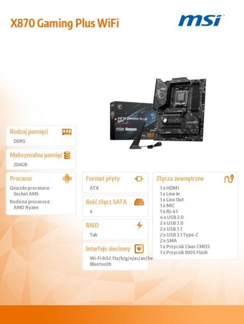 MSI X870 GAMING PLUS WIFI A M5 ATX płyta główna z DDR5 i Wi-Fi 7