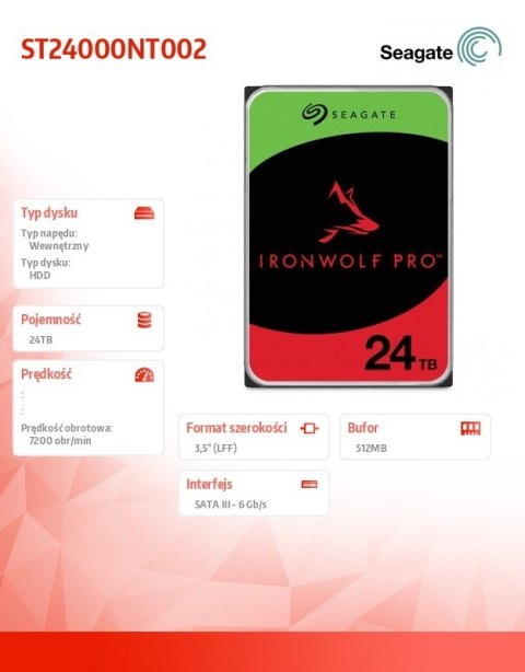 Seagate Dysk IronWolf Pro 24TB 3,5'' SATA wydajny do NAS