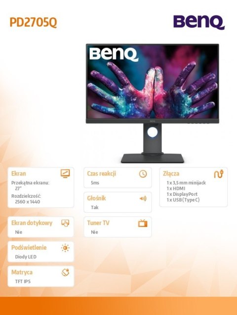 Benq Monitor 27 cali PD2705Q QHD IPS 5ms LED z USB-C dla profesjonalistów