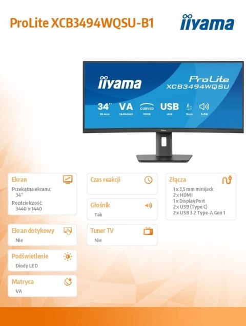 Monitor IIYAMA ProLite XCB3494WQSU-B1 34 cali UWQHD zakrzywiony VA