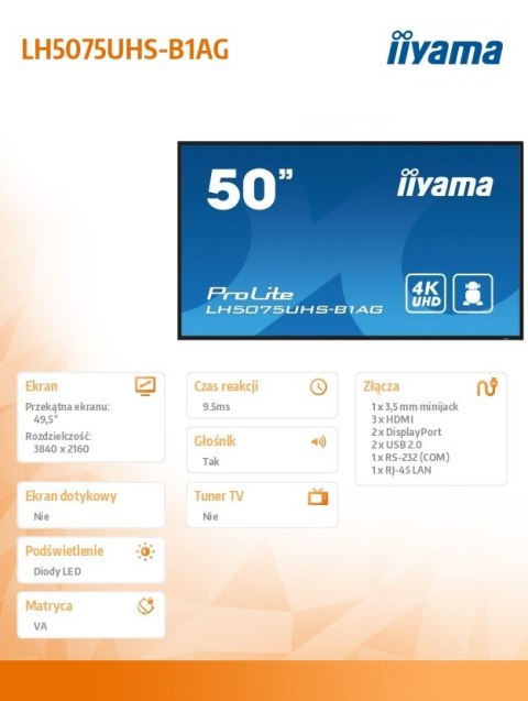 Monitor IIYAMA ProLite LH5075UHS-B1AG 50 cale 4K UHD z Android 11