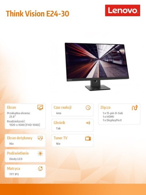Monitor Lenovo ThinkVision E24-30 23.8 FHD IPS z matową powierzchnią