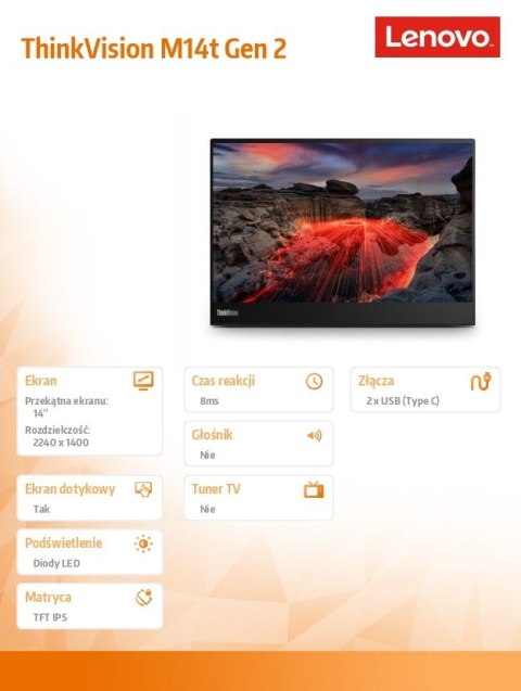 Monitor Lenovo ThinkVision M14t Gen 2 14 cali matowy dotykowy IPS