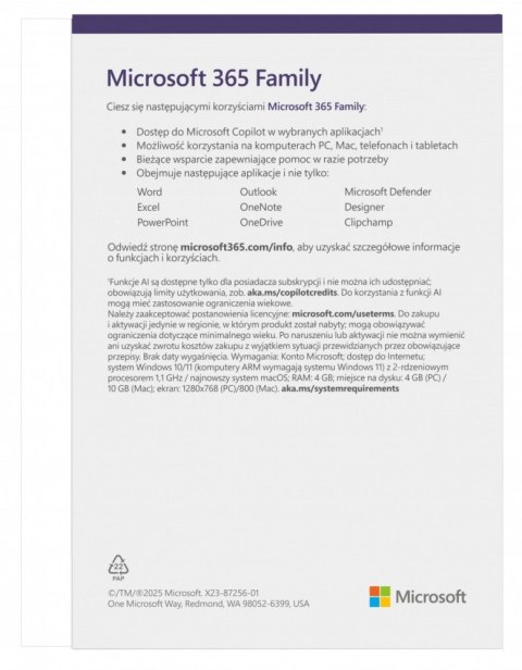 Microsoft 365 Family PL 1Y subskrypcja dla 6 osób z chmurą AI