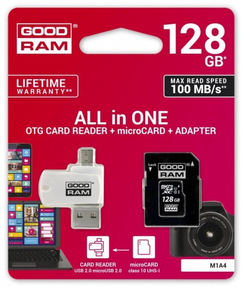 GOODRAM Karta microSDHC 128GB CL10 szybka z adapterem i czytnikiem