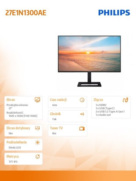 Monitor Philips 27E1N1300AE 27 cali IPS 100Hz z USB-C i głośnikami