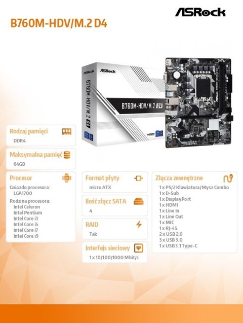 ASRock Płyta główna B760M-HDV/M.2 D4 mATX dla Intel Core 12/13 gen
