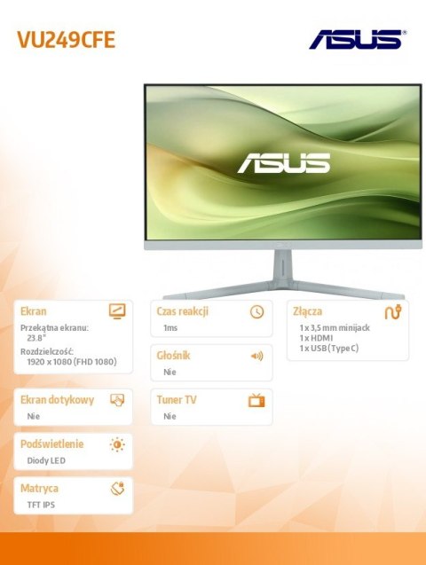 Asus Monitor VU249CFE-G 24 cale IPS 100Hz z USB-C zielony