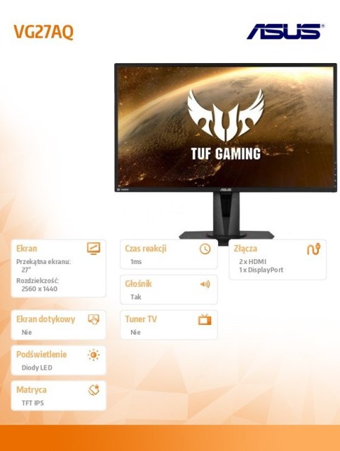 Monitor Asus VG27AQ 27 WQHD Gaming IPS 155Hz 1ms G-SYNC