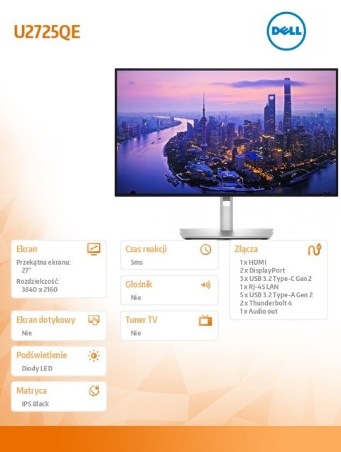 Monitor Dell U2725QE 27 cali 4K IPS Black Thunderbolt 120 Hz