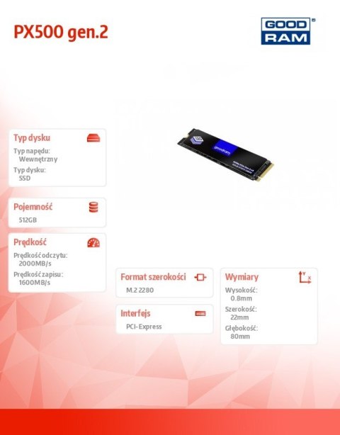 Dysk SSD GOODRAM PX500-G2 512GB M.2 PCIe 3x4 NVMe szybki wydajny