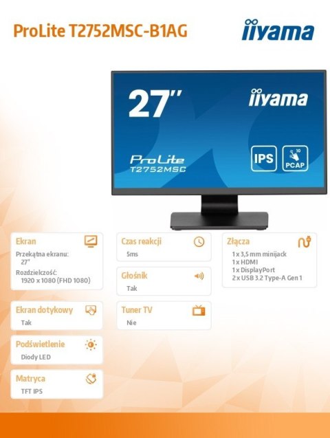 Monitor IIYAMA ProLite T2752MSC-B1AG 27 cali dotykowy IPS FHD z HDMI