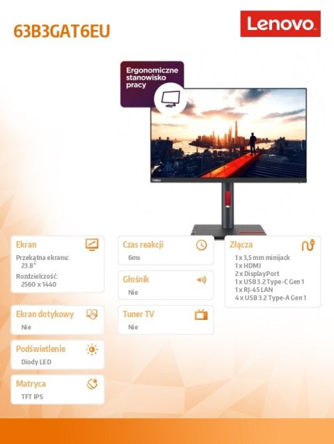 Monitor Lenovo ThinkVision P24h-30 23.8 QHD IPS idealny do pracy