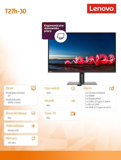 Monitor Lenovo ThinkVision T27h-30 27 cali 2560x1440 IPS matowy