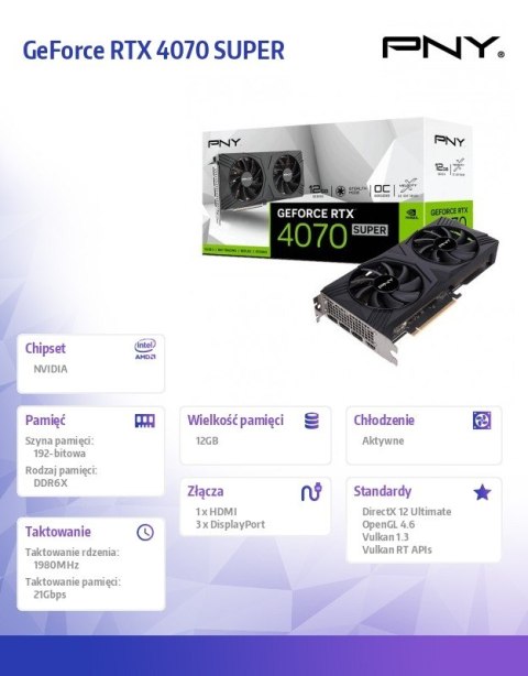 Karta graficzna PNY GeForce RTX 4070 SUPER 12GB OC wydajna 192-bitowa