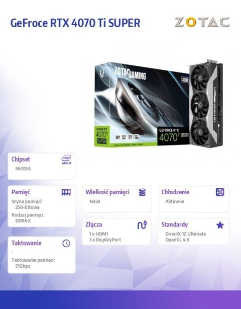 ZOTAC Karta graficzna GeForce RTX 4070 Ti SUPER 16GB GDDR6X wydajna