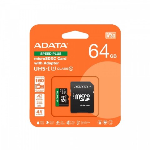 Adata Karta microSD Speed Plus 64GB UHS1 U3 V30 A2 160/140 MB/s szybka wydajność