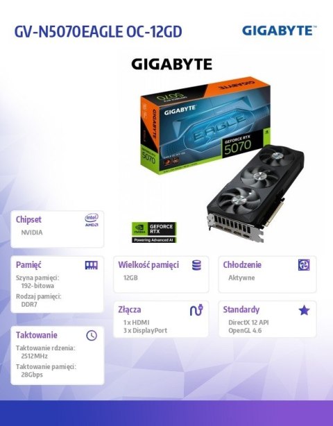 Gigabyte Karta graficzna GeForce RTX 5070 EAGLE OC 12GB z RGB