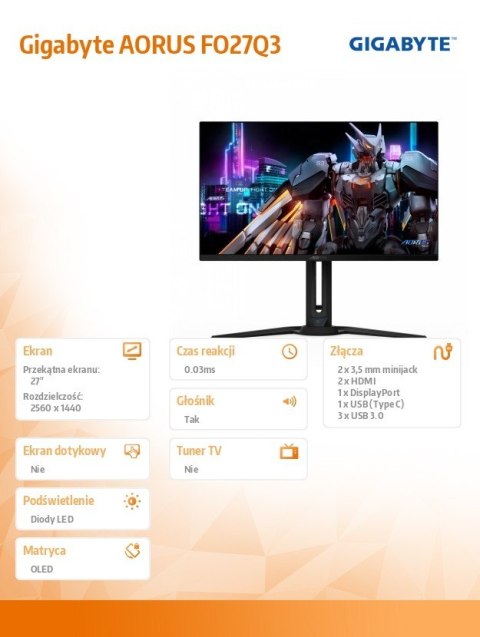 Monitor Gigabyte AORUS FO27Q3 27 OLED 360Hz 0,03ms USB-C HDMI DP