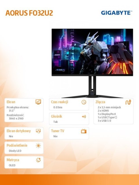 Gigabyte Monitor 31,5 cala AORUS FO32U2 OLED 4K 240Hz gamingowy